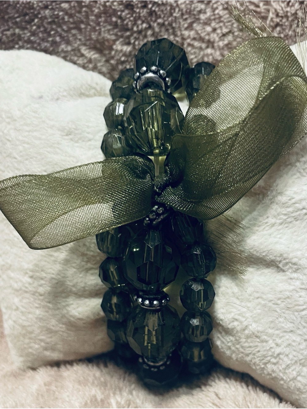 3 strand stretch bracelet stack w/ dark, smoky olive-green faceted beads.
